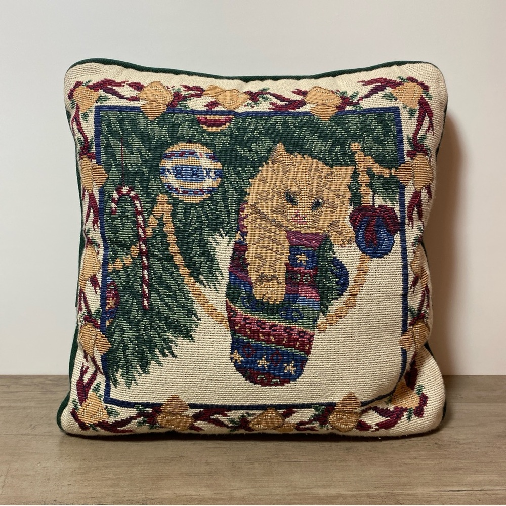 Christmas Kitten in Stocking Decorative Tapestry Throw Pillow Early 2000s